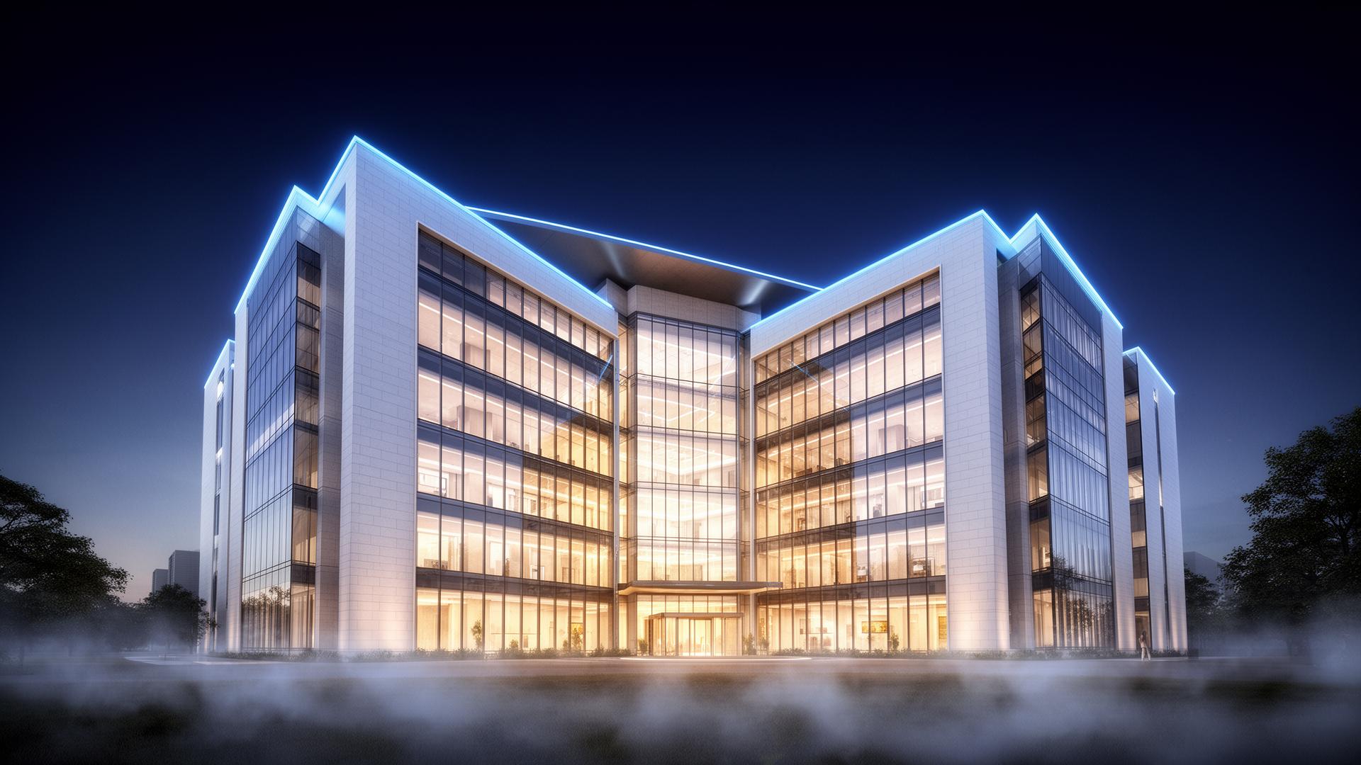 Cinematic hospital architecture at night